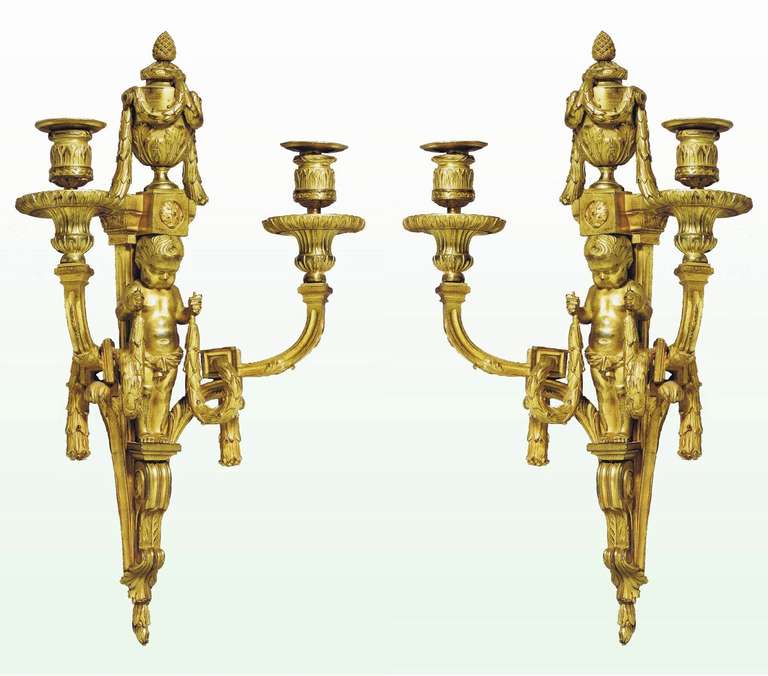 Exceptional Pair of French "aux Putti" Wall Lights