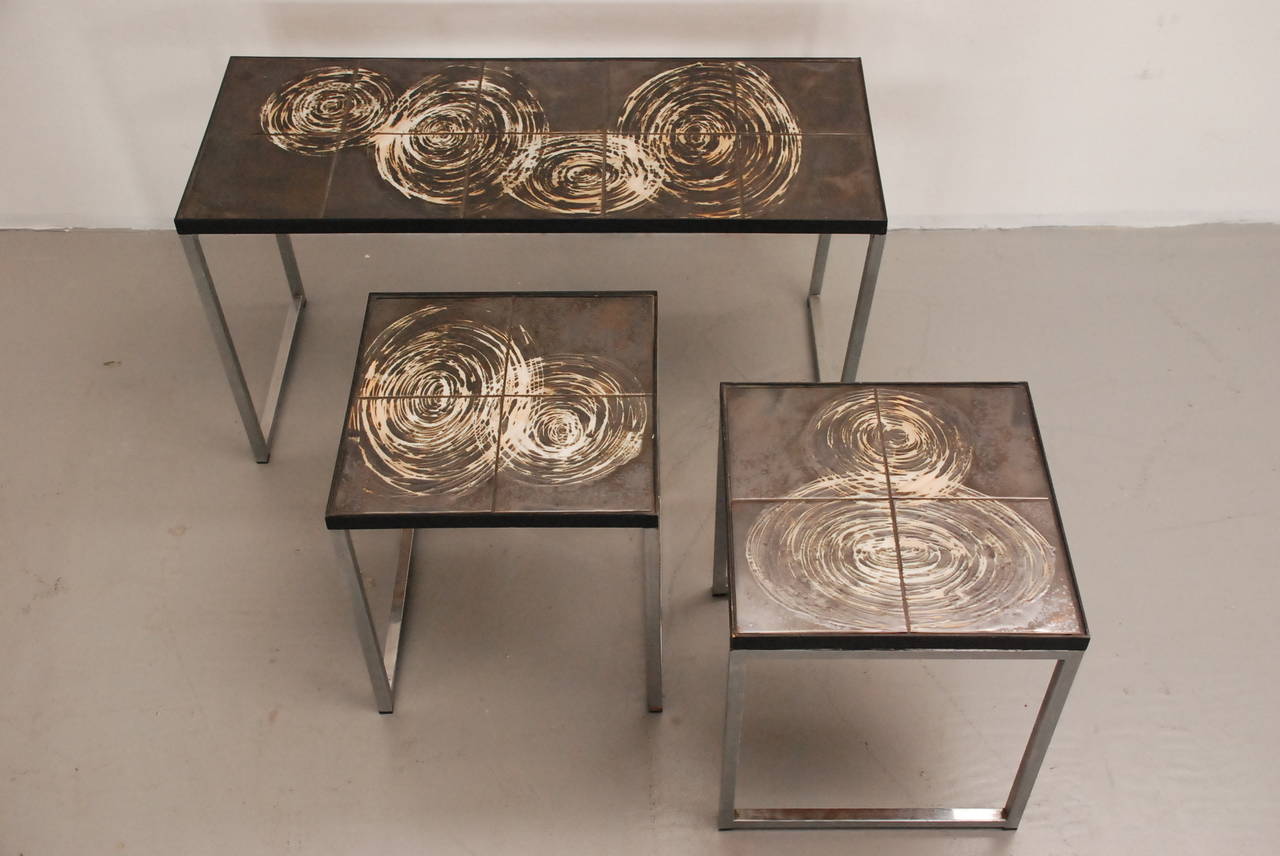 Mid-Century Modern Belarti Coffee Table with Two Side Tables with Hand-Painted Tiles For Sale