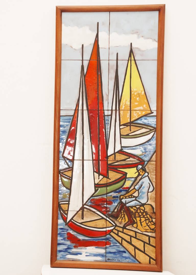Beautiful rare tableau of sailing boats and a working fisherman. The ten tiles are fitted into a solid teak frame. Without any damage and very nice colors.
Vallauris was famous about its kitchen ware.