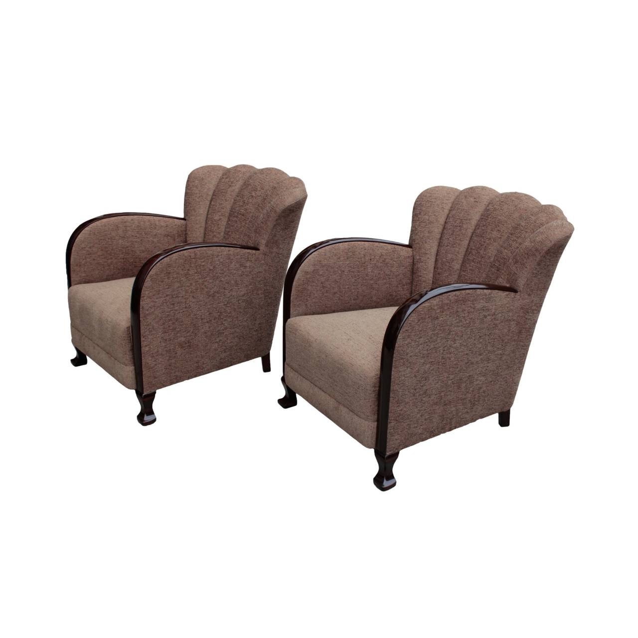 Each having vertically channeled, scallop shaped back rest and curved arm rests, front cabriole legs and slanted back legs in dark stained flame birch.