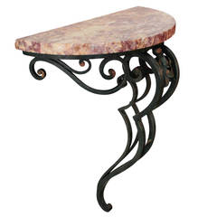 Petite French fer forge and demilune marble top wall console