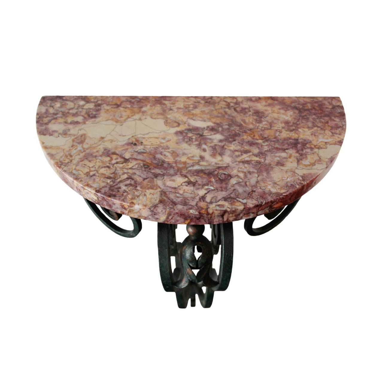Mid-20th Century Petite French fer forge and demilune marble top wall console
