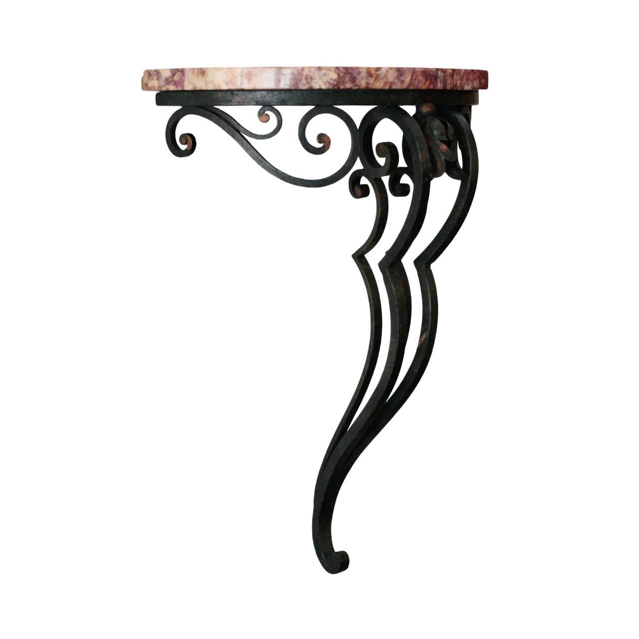 Petite French fer forge and demilune marble top wall console