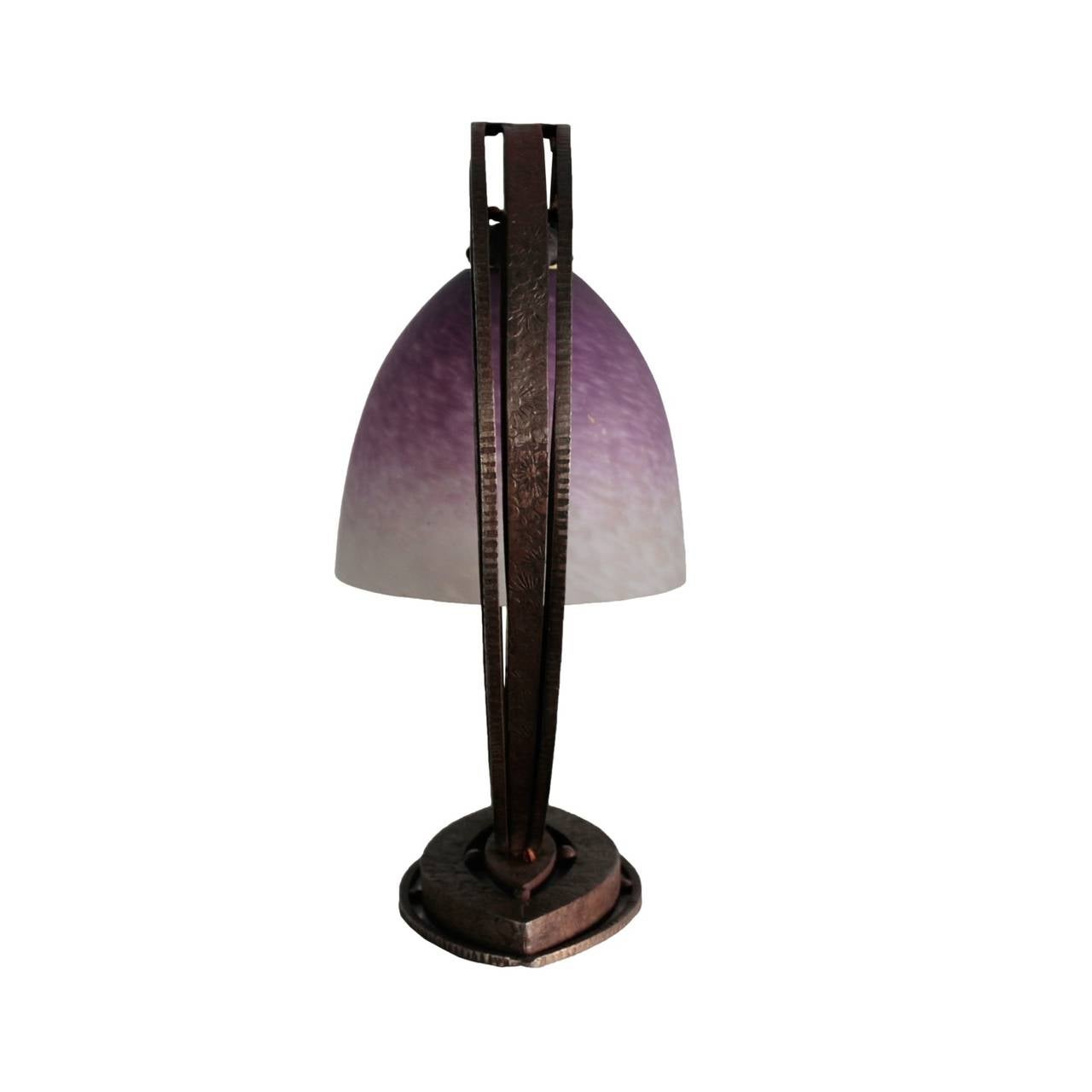 Early 20th Century French Art Deco Period Fer Forge and Glass Table Lamp