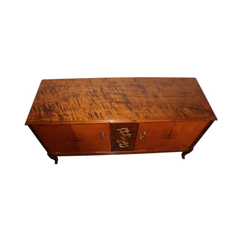 Mid-20th Century Low Swedish Art Deco Server with Inlays and Gilt Applique For Sale