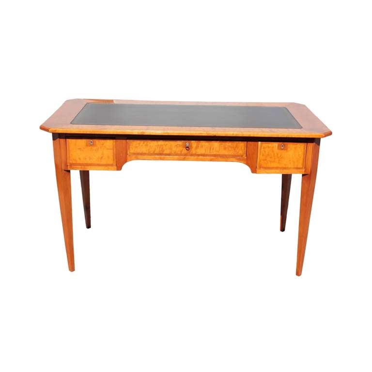 Swedish Flame Birch Neoclassical Writing Table with Leather Top