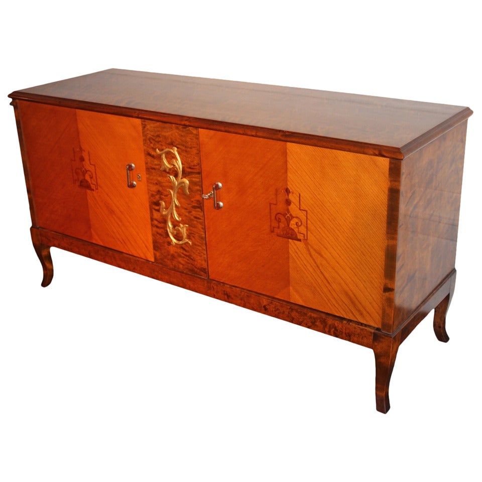Low Swedish Art Deco Server with Inlays and Gilt Applique For Sale
