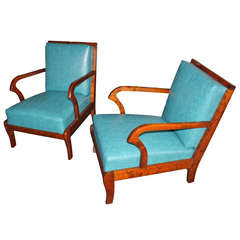 Pair of Swedish Flame Birch Armchairs Covered with Turquoise Leather