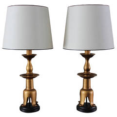 American pair of large gilt lacquered table lamps, possibly by James Mont 1