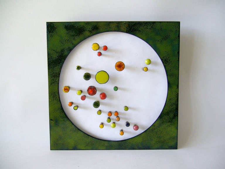 Abstract enamel over copper study mounted on wood by Miriam Moss of California. Entitled 