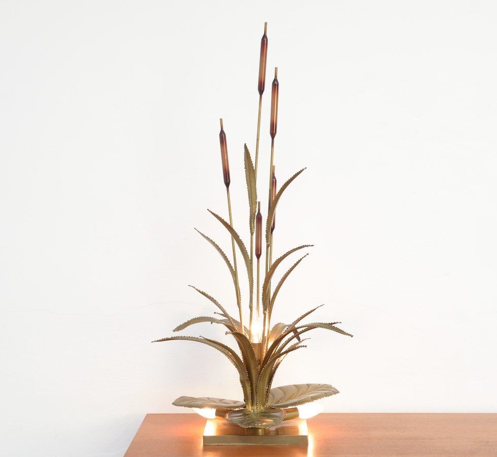 French 1970s Brass Cattail Table Lamp by Maison Jansen