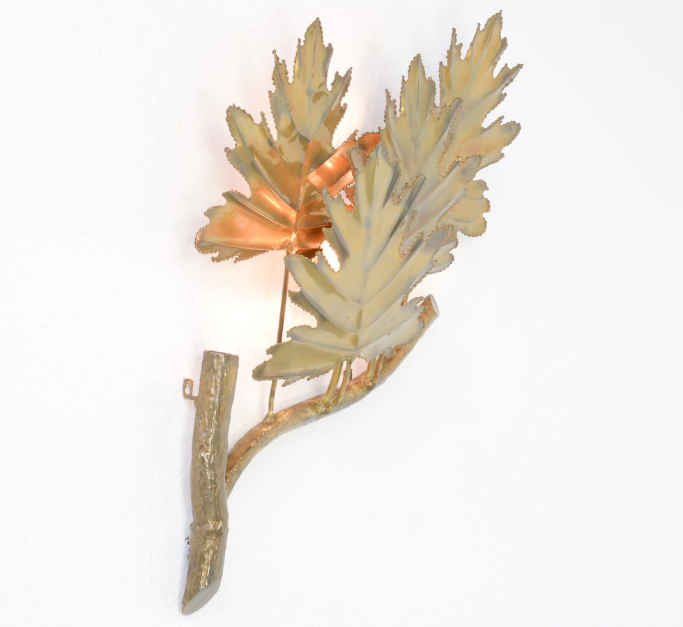 Modern 1970s Brass Wall Lamp with a Branch and Leaves