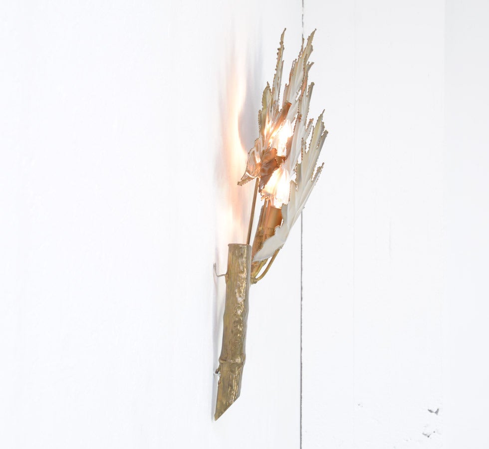 French 1970s Brass Wall Lamp with a Branch and Leaves