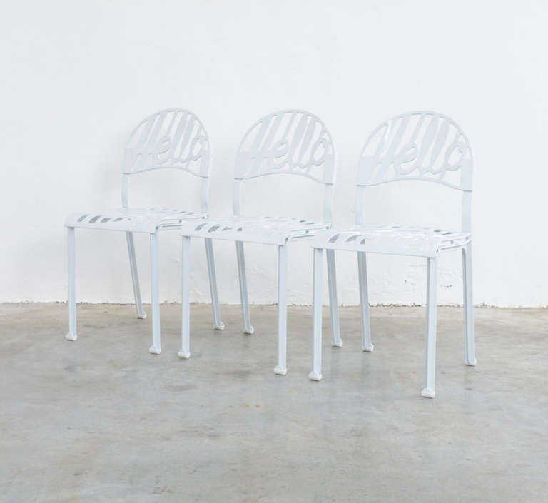The Hello There chair is designed by Jeremy Harvey for Artifort, The Netherlands in 1978.
These chairs can be used inside as well as outside. The are completely made of aluminium, so they can stand the rain.
We have 3 white chairs available, all