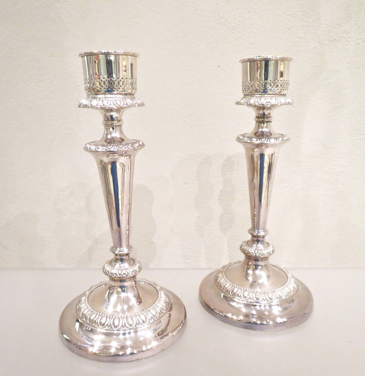 English Pair of Sheffield Plate Storm Shade Candlesticks For Sale
