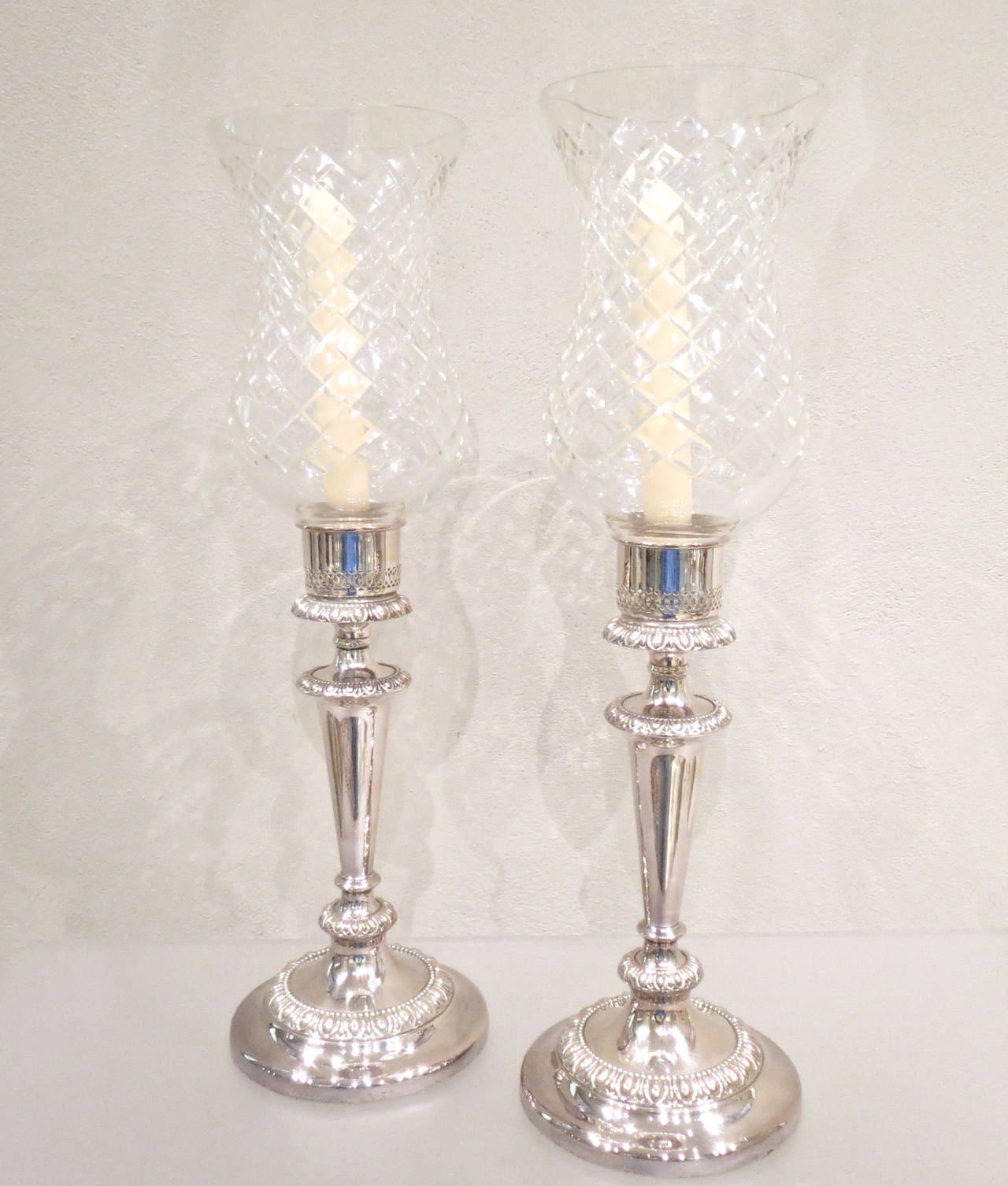 Pair of Sheffield Plate Storm Shade Candlesticks For Sale 3