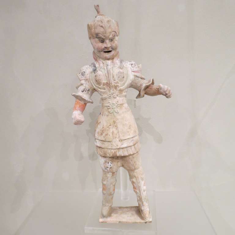 Chinese Tang dynasty ceramic model of a military officer. Well modeled and with significant traces of the original pigments and painted detail. 
Dating consistent with Thermo-Luminescence analysis report n. S244 (see image) Arcadia-Milan, Italy.