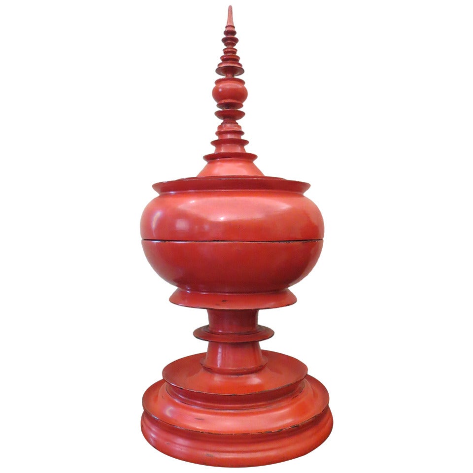Late 19th Century Burmese Red Lacquer Offering Vessel " Hsunok"