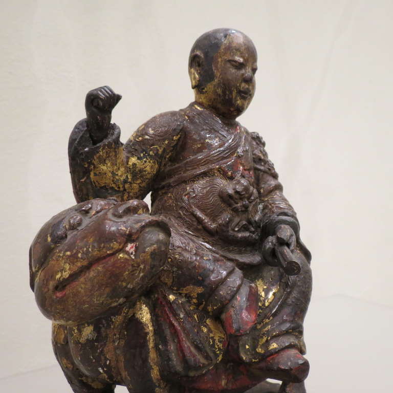 Giltwood Ancient Chinese Hand-Carved Lohan Monk Buddha On Lion, Kangxi, 1661-1722 For Sale