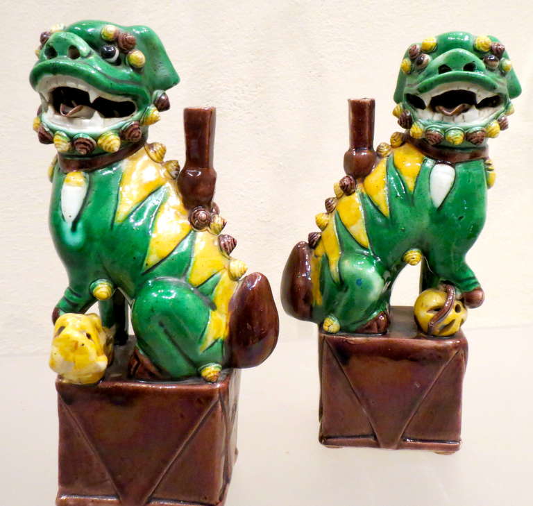 19th Century Pair of Famille Verte et Jaune Foo Dogs, Qing Dynasty For Sale