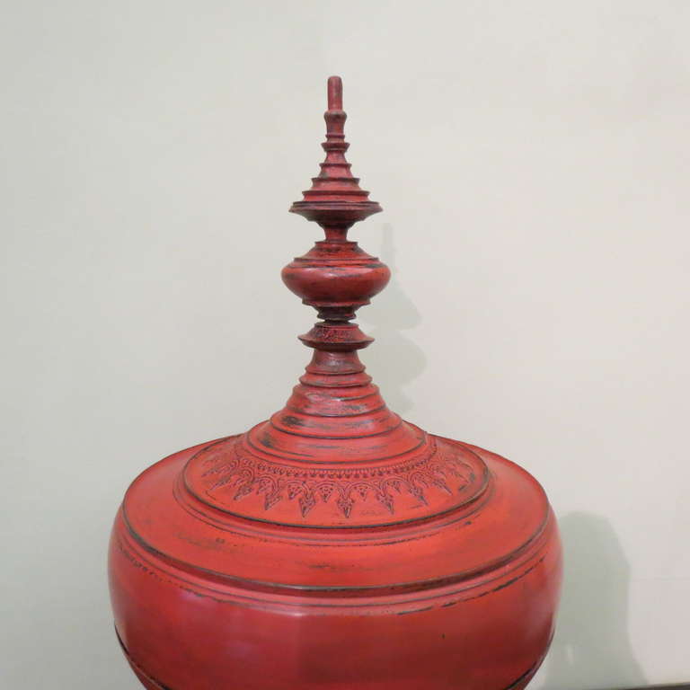 Wood Late 19th Century Burmese Red Lacquer Offering Vessel, 