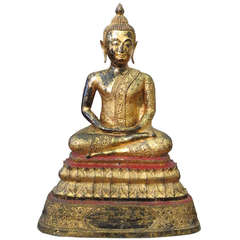 Statue ancienne en bronze doré de Bouddha thaïlandais de la fin du 19e siècle
