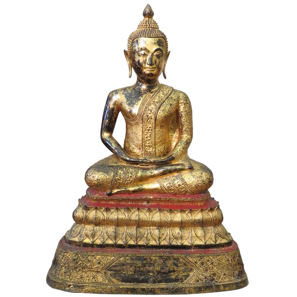 Antique Late 19th Century Gilded Thai Buddha Bronze Statue For Sale