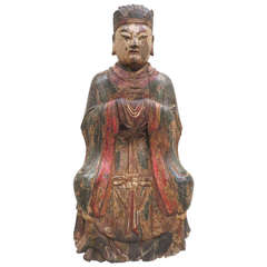 Antique Ming Dynasty Polychrome Wooden Sculpture of Xi Wang Mu