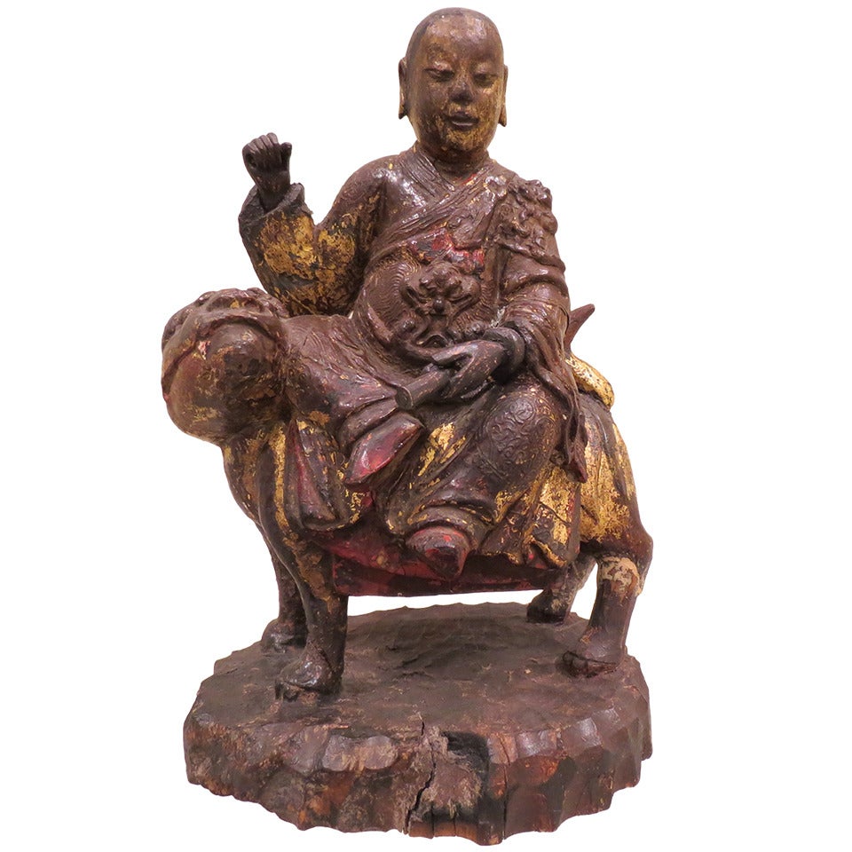 Ancient Chinese Hand-Carved Lohan Monk Buddha On Lion, Kangxi, 1661-1722 For Sale
