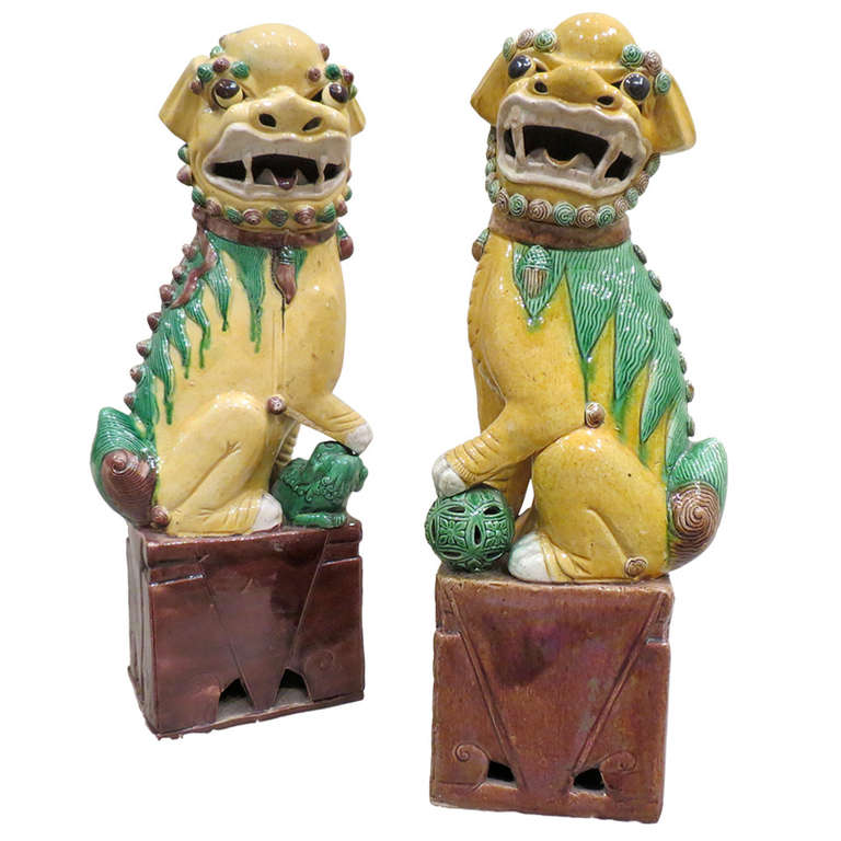 Antique Large Pair of Porcelain Polychrome Foo Dogs, Chinese, circa 1900