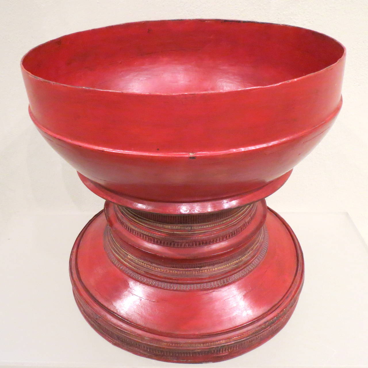 Wood Late 19th Century Burmese Red Lacquer Offering Vessel 