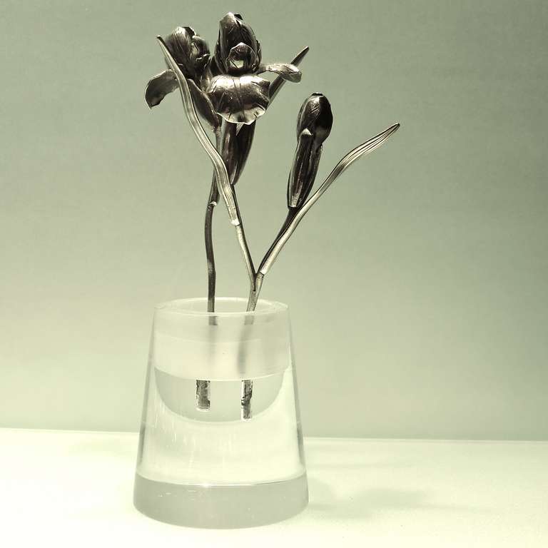 Exquisitely crafted 19th century silver Japanese figural flowers in a contemporary plexiglass pot.