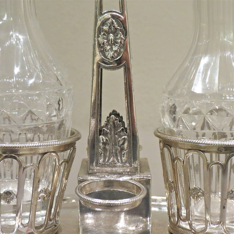Louis XVI French Neoclassical Silver and Cut-Glass Two-Bottle Oil Cruet, Paris, 1787