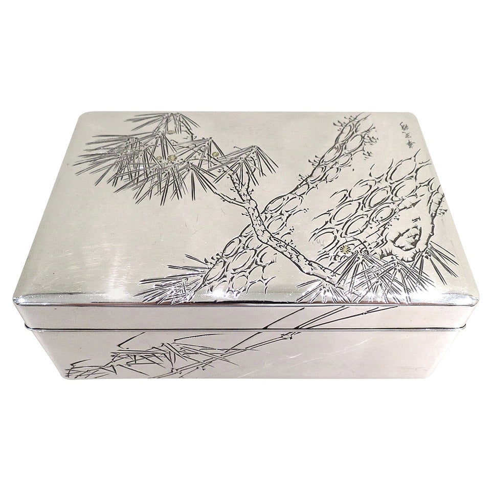 Fine Antique Meiji Period Japanese Silver and Wood Box