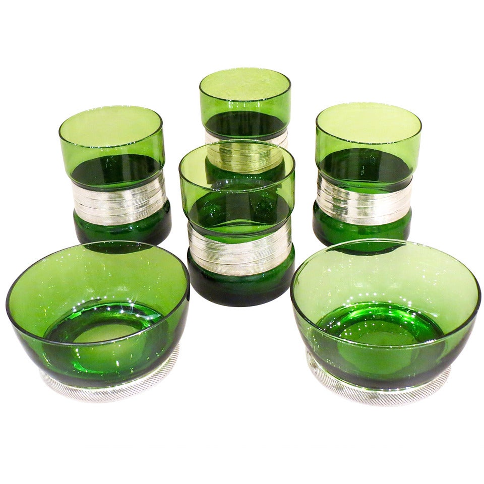 "Aperitivo" Set in Green Glass, Silver Mounted