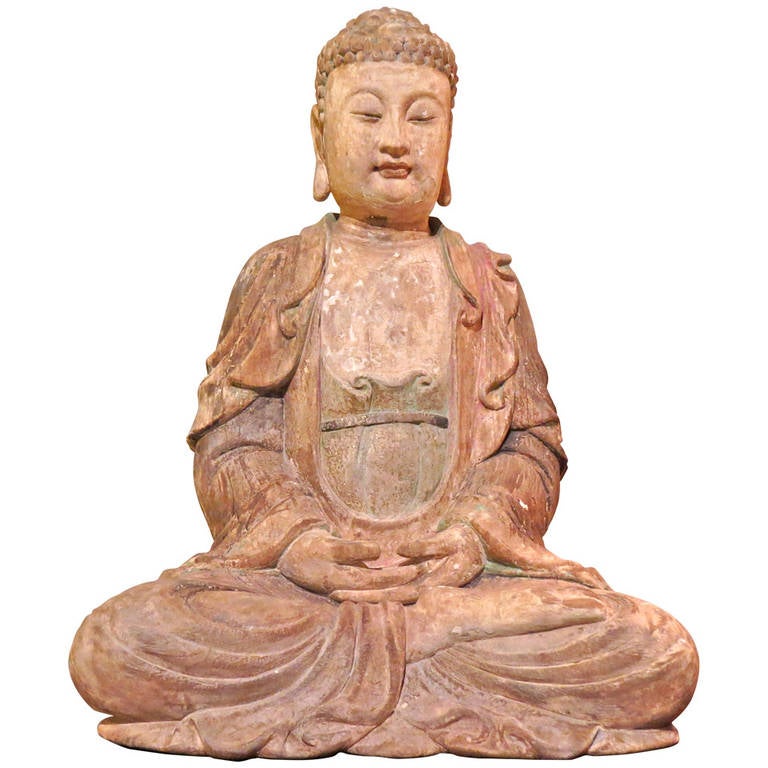 Chinese Wood Carved Seated Buddha Statue For Sale at 1stdibs