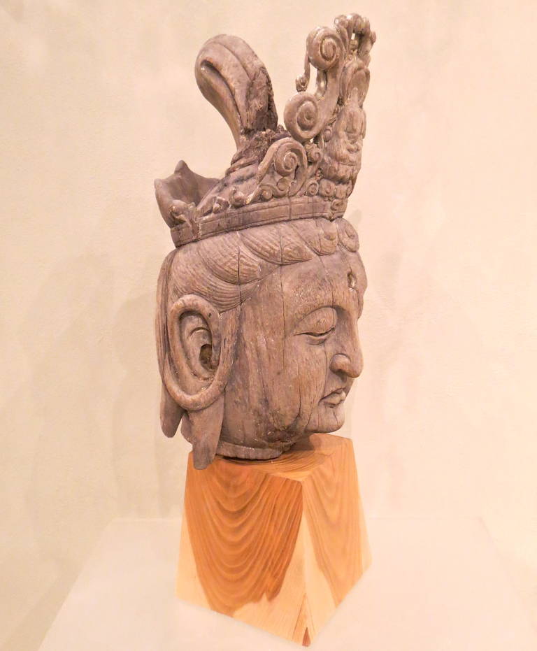 Large Carved Wood Head of a Guan Yin, China Ming Dynasty, 1368-1644 3