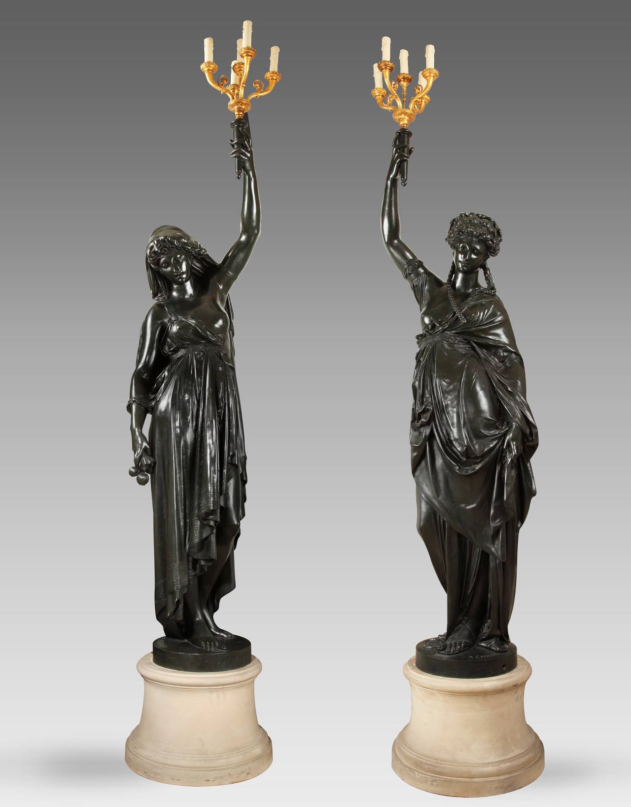 Carrier-Belleuse, Pair of French Torchères 'Night' and 'Day', Late 19th Century