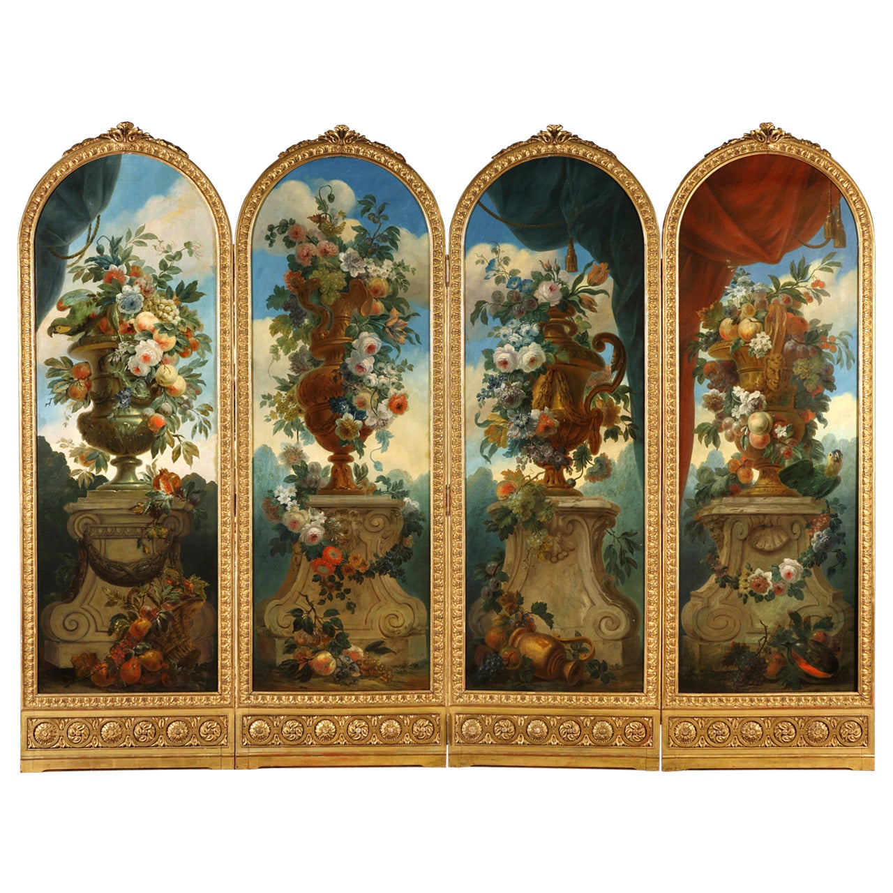 Four Still-Life Paintings in Louis XVI Style Carved Giltwood Frames, circa 1880 For Sale