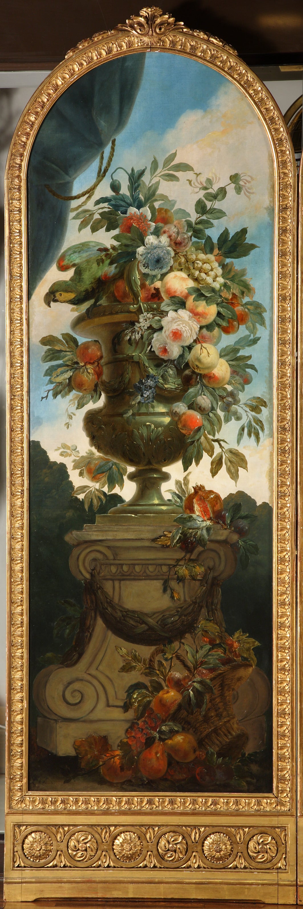 French School

Four oil on canvas paintings with Louis XVI style foliate carved gilt-wood frame. Each panel representing vases mounted on pedestals, ornamented with bouquets and flower garlands, fruits and birds. Scenes are edged with draperies.