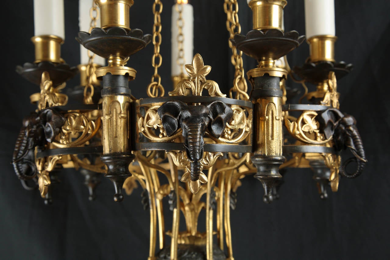 Patinated 19th Century Pair of Oriental Style Chandeliers For Sale