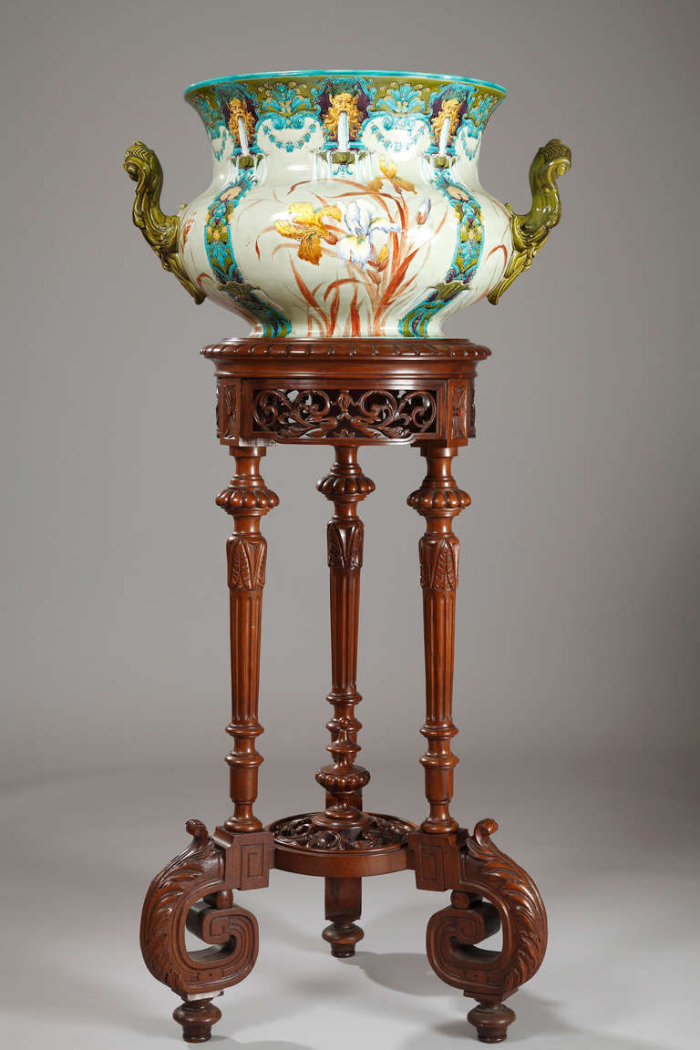 Gien, French Faience Jardiniere on Its Natural Walnut Stand, circa 1880