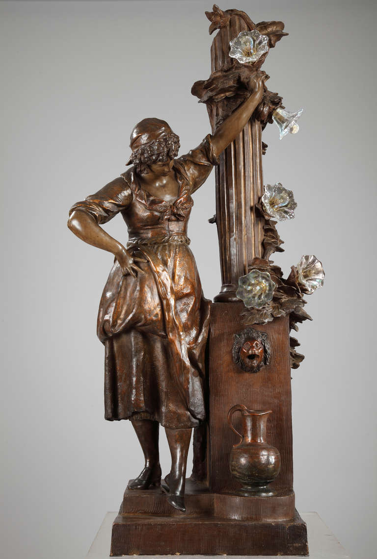 “Young Girl at The Fountain”  Large French Terracotta Sculpture Lamp, circa 1880