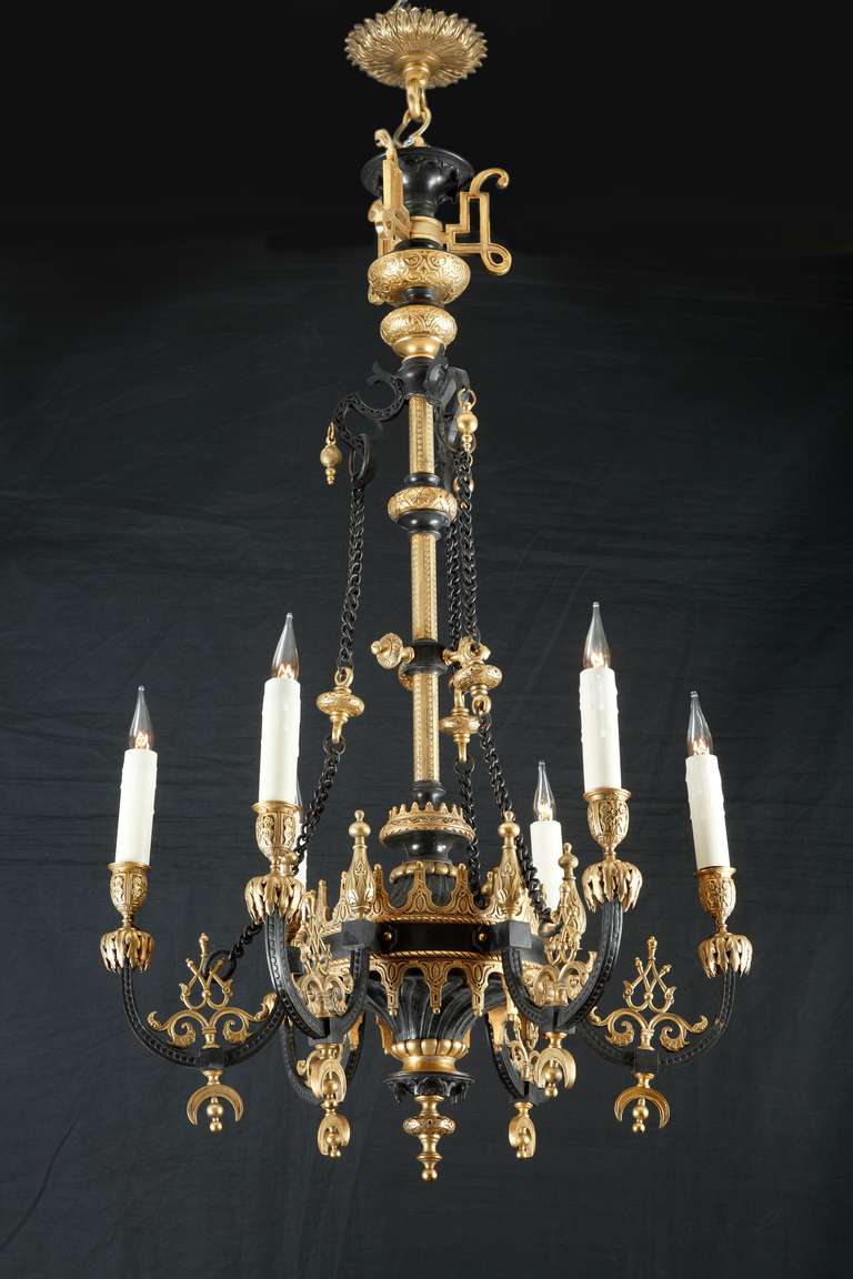 F. Barbedienne
Bronze-caster
(1810-1892)
attributed to

Beautiful Ottoman style chandelier

France
Circa 1870
Height : 100 cm (39 1/3 in.) ; Diameter : 55 cm (21 2/3 in.)

Beautiful oriental style six light arms chandelier, made in