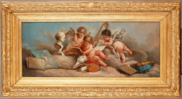 “Putti painting a portrait”

French School
Circa 1870
Oil on canvas
Measurements with frame : Height : 65 cm (25 2/3 in.) ; Width : 121 cm (47 2/3 in.) 

A very fine oil on canvas depicting cupids amid clouds painting a portrait of a sculpted