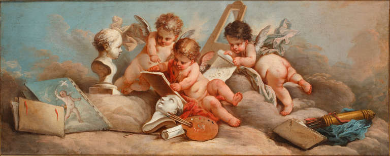 Louis XVI “Putti painting a portrait” - A French Painting Inspired by F. Boucher, C. 1870 For Sale