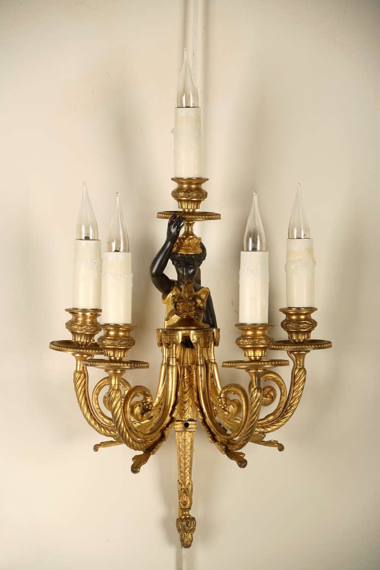 Napoleon III Pair of French Neoclassical Gilt and Patinated Bronze Wall Sconces, Circa 1880
