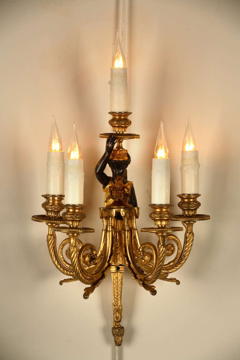 Pair of French Neoclassical Gilt and Patinated Bronze Wall Sconces, Circa 1880 In Good Condition In Paris, FR