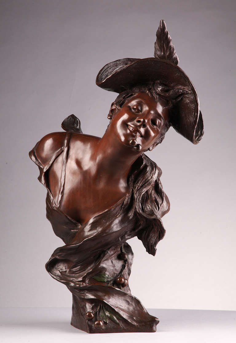 Georges Van der Straeten
Sculptor
(1856-1928)
and
Société des Bronzes de Paris.
Bronze-casters.
(Active since 1875).

“Girl with cherries.”

Signed Van der Straeten and Société des Bronzes de Paris.

French school.
circa 1890.
Height :