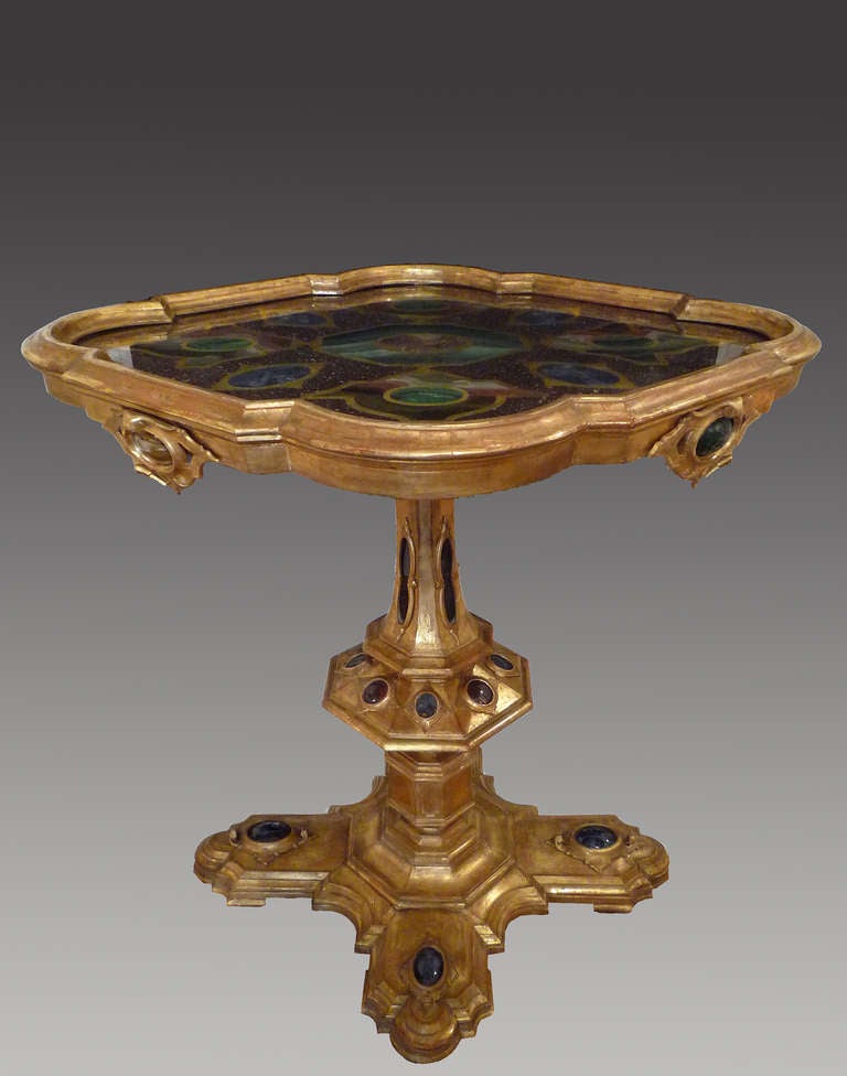 Venitian Half-Precious Stones Painted Gilt Wood Center Table, Late 19th C.